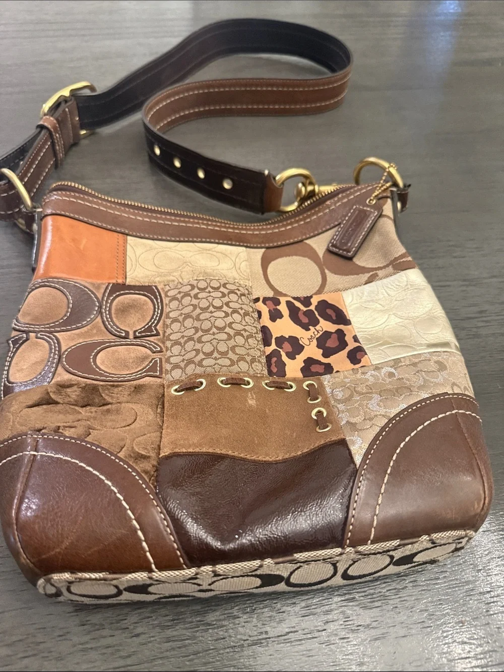 Coach Patchwork Signature Crossbody Bag Brown Animal Print Suede RARE F12840